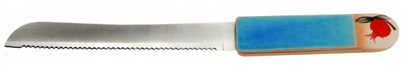 סכין לחלות מבית "מיכל בן יוסף" - ידית הסכין עשויה חימר וחרס כחול  "רימון" 