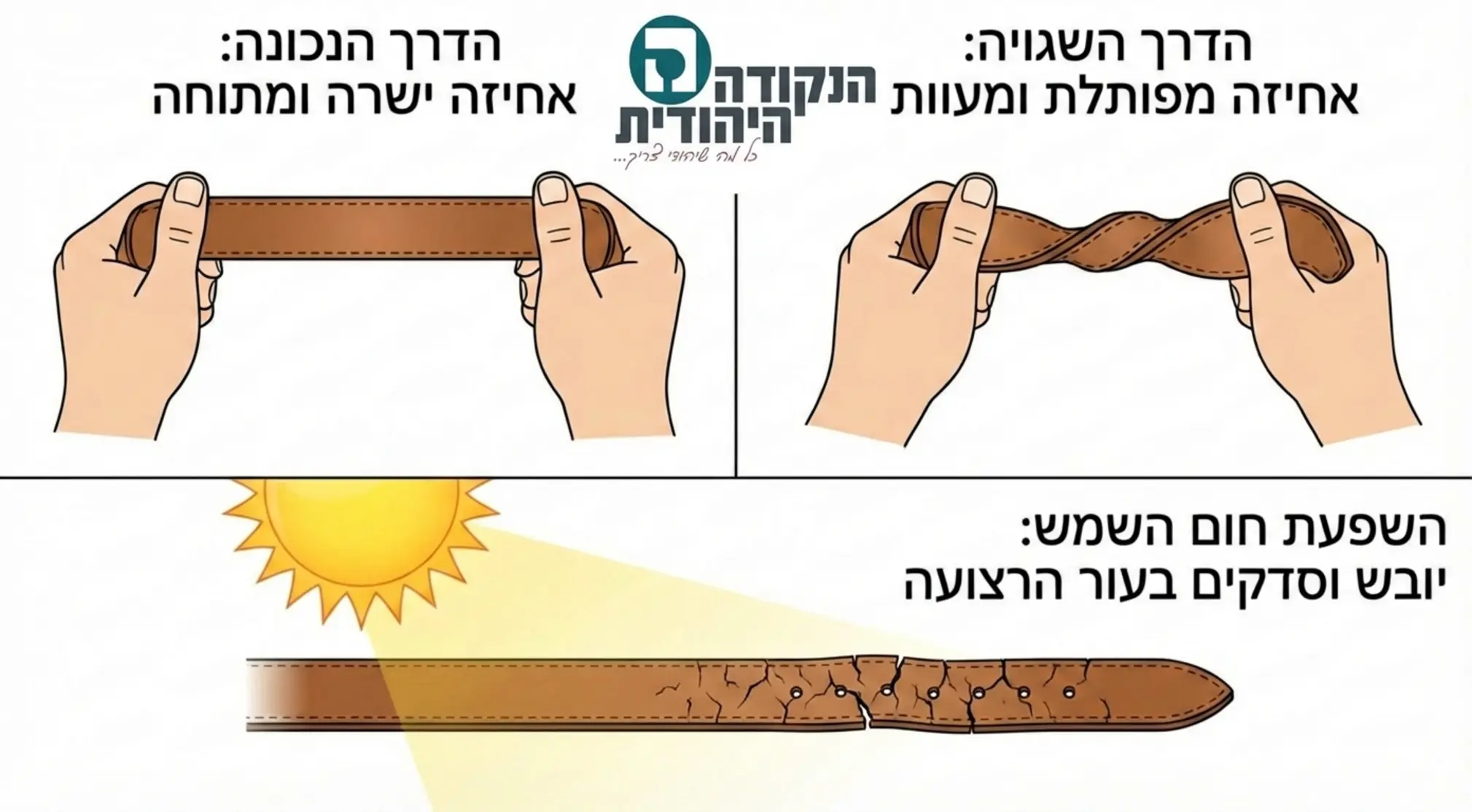 איור המדגים את הדרך הנכונה והשגויה לאחוז ברצועות בעת ההידוק, ואת ההשפעה של חום השמש על עור הרצועה