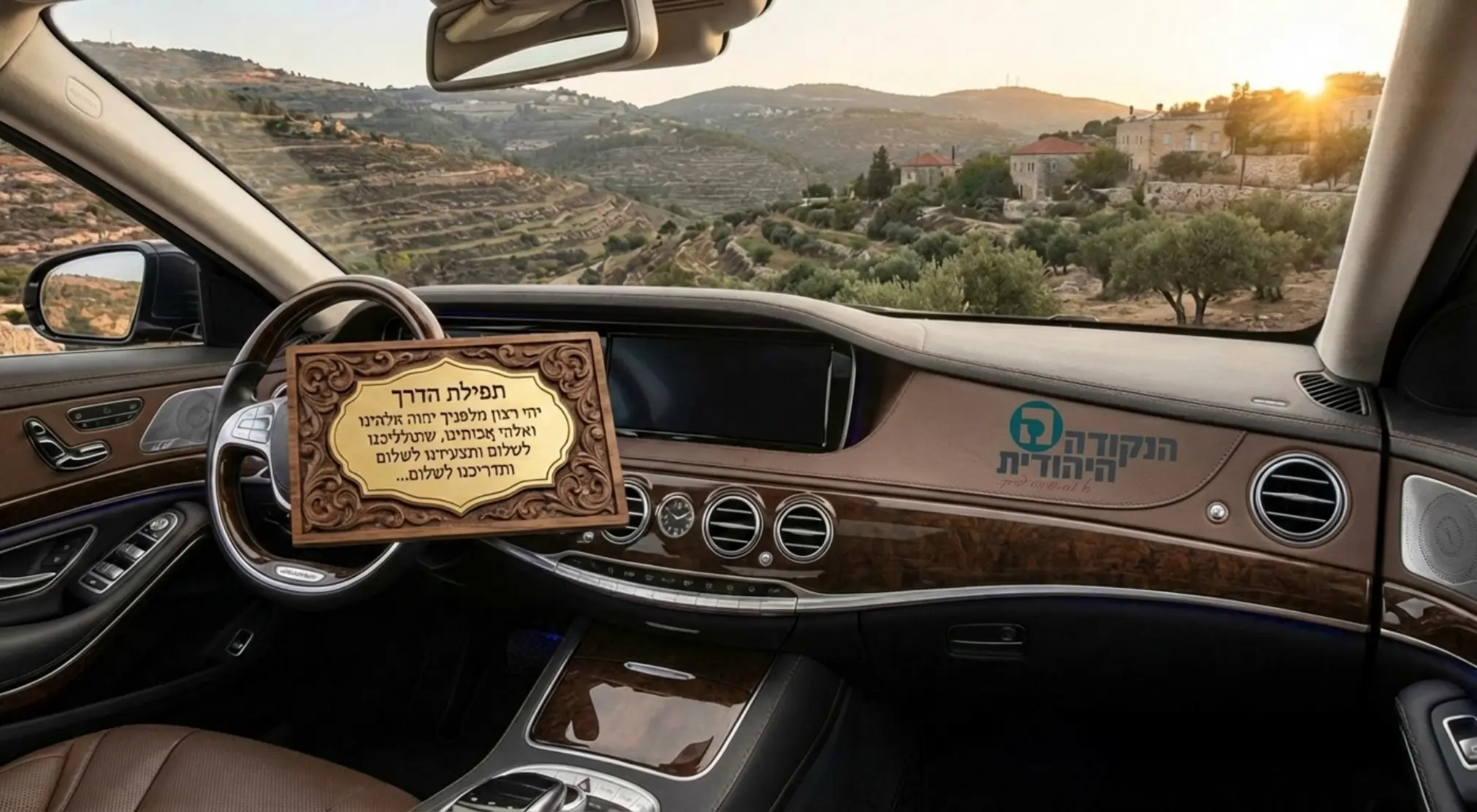 צילום פנים של רכב יוקרתי, על לוח המחוונים מונח כרטיס מעוצב ומהודר מעץ עם הכיתוב של תפילת הדרך, מבעד לשמשה נראה נוף הררי של ארץ ישראל