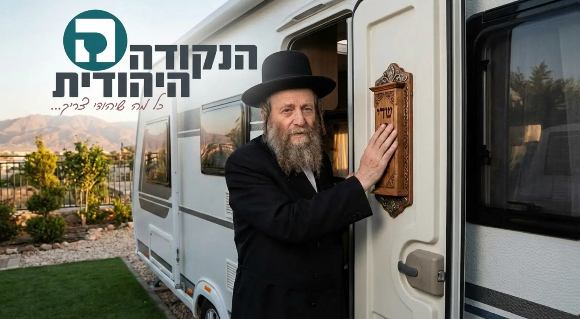 גבר חרדי עטור זקן עומד בפתח של קרוואן מגורים גדול המחובר לקרקע. הוא קובע מזוזה מהודרת מעץ על משקוף הדלת הקדמית ומניח את ידו עליה באדיקות