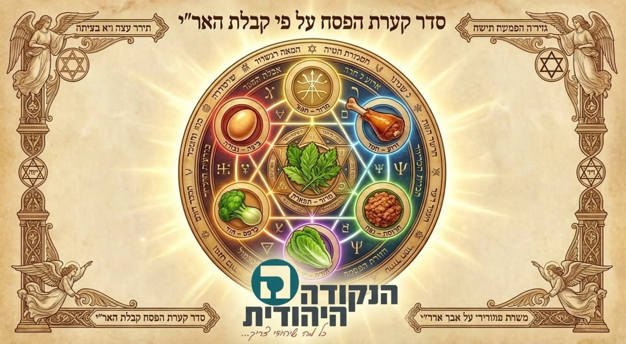 אינפוגרפיקה מפורטת ומעוצבת המציגה את מבנה קערת ליל הסדר על פי קבלת האר