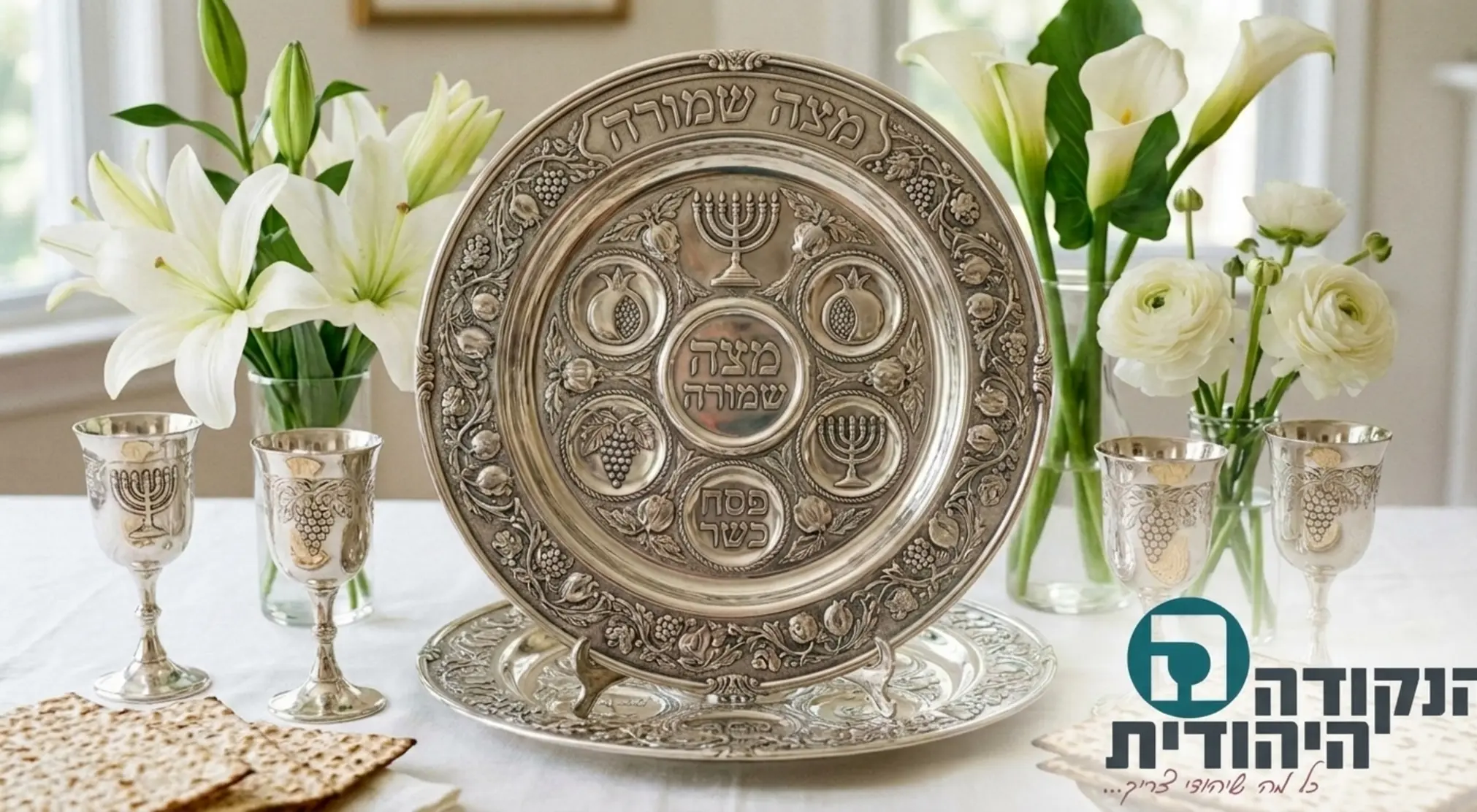 צילום תקריב איכותי של שולחן חג ערוך ובו קערת כסף מהודרת בעלת שלוש קומות להנחת המצות. הקערה מעוטרת בפיתוחי אומנות יהודית מסורתית מבריקה, וסביבה מונחים גביעי יין תואמים ופרחים לבנים.