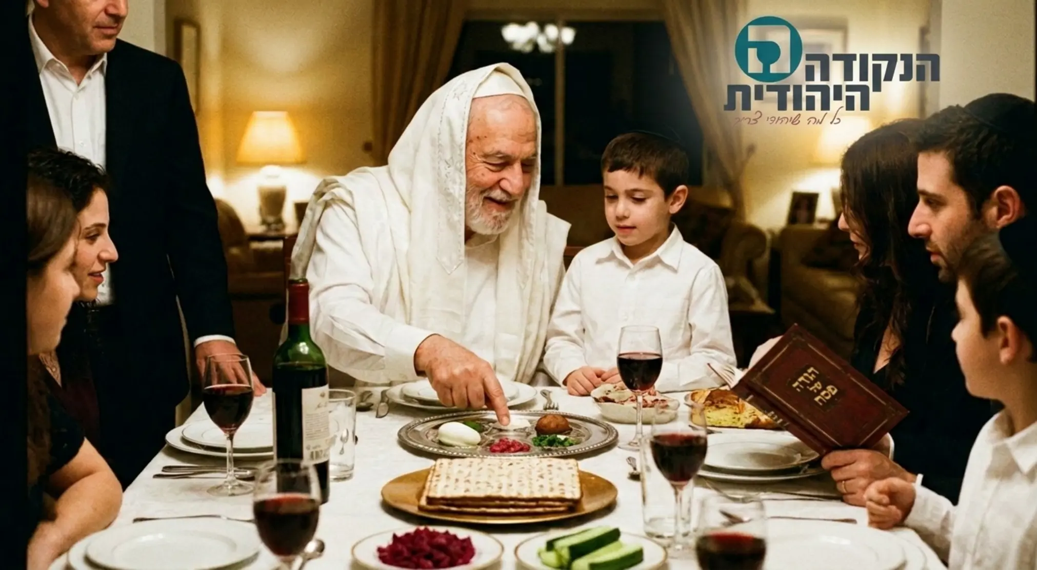 תמונה אווירתית ומרגשת של אב משפחה עטוף בטלית צחורה, יושב בראש שולחן הסדר הערוך למשעי. הוא מצביע בחיוך על סימני הקערה בעודו מסביר לבנו הצעיר, הלבוש בחולצה לבנה, על משמעות יציאת מצרים והסמלים השונים.