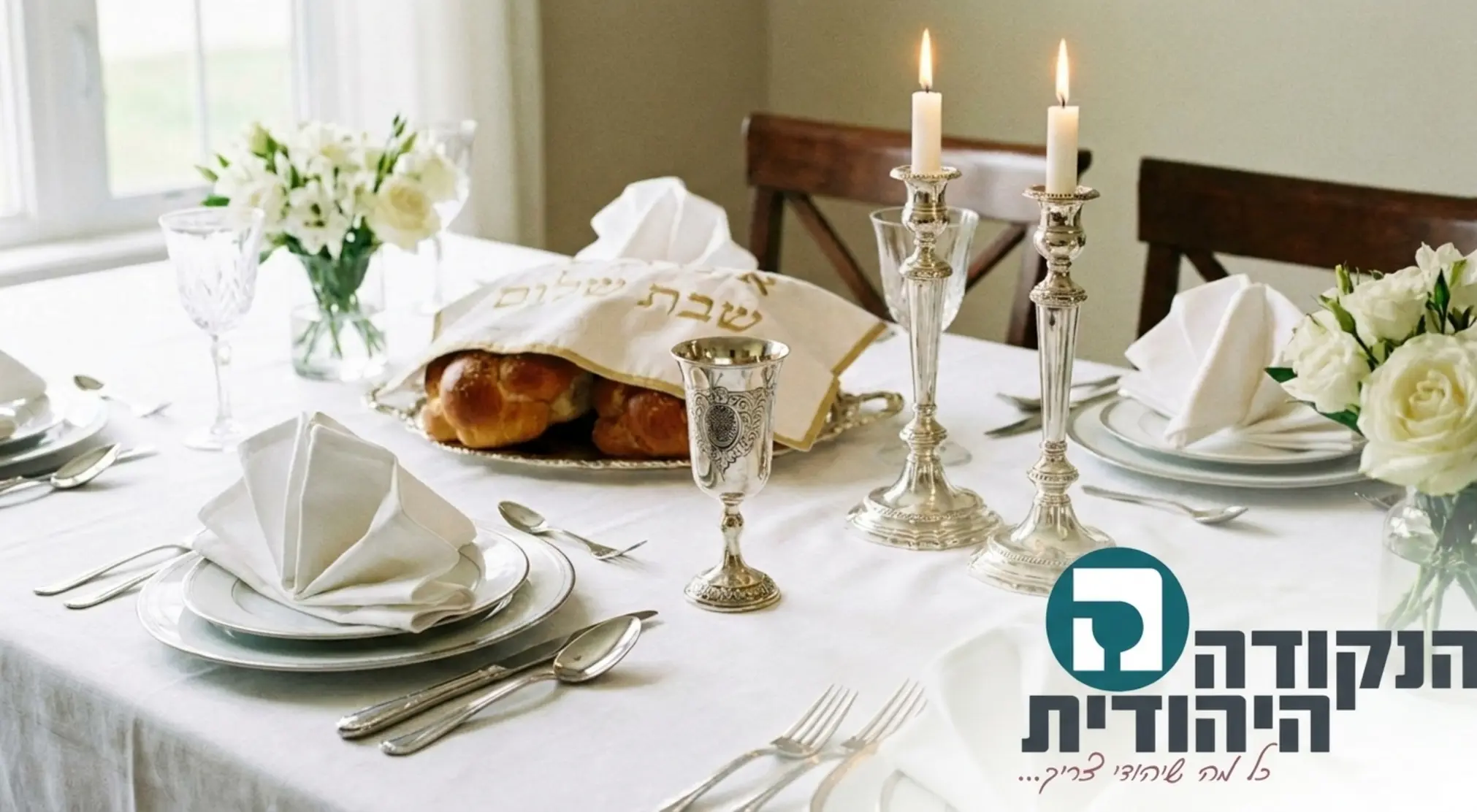צילום איכותי של שולחן שבת ערוך בקפידה עם מפה לבנה צחורה מפיות מקופלות כוס קידוש מהודרת וזוג פמוטים מרשימים מונחים במרכז ללא נוכחות אנושית בתמונה כלל