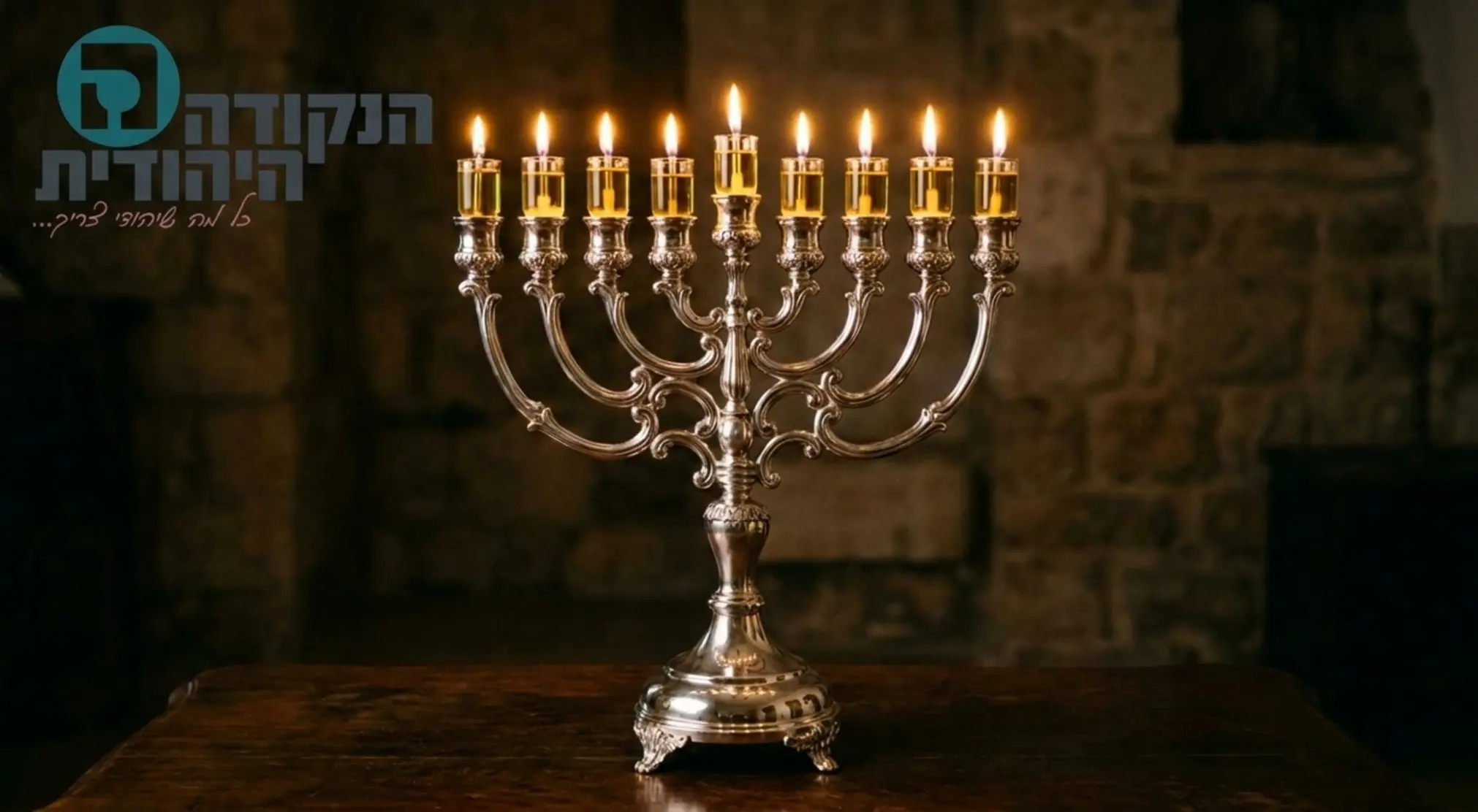 חנוכיית כסף טהור ומהודרת, ניצבת על שולחן עץ כהה, כאשר בתוכה דולקות פתילות טבולות בשמן זית זך. הרקע חשוך מעט והלהבות משתקפות על גבי הכסף המבריק, יצירת אווירה של קדושה ורוגע