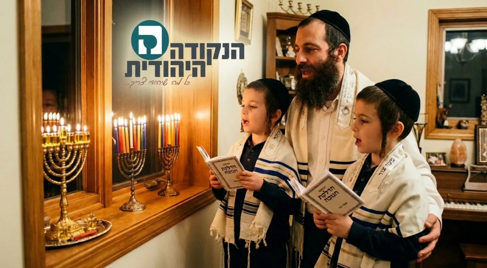 תמונה חמימה וביתית המציגה אב יהודי עטוף בטלית קטן יחד עם שני בניו הצעירים, עומדים יחד ליד אדן חלון עץ. על החלון מונחות שלוש חנוכיות דולקות, האחת עם שמן מזהיב והשתיים האחרות עם נרות צבעוניים. האב ובניו מחזיקים ברכונים קטנים ושרים יחד מול הלהבות