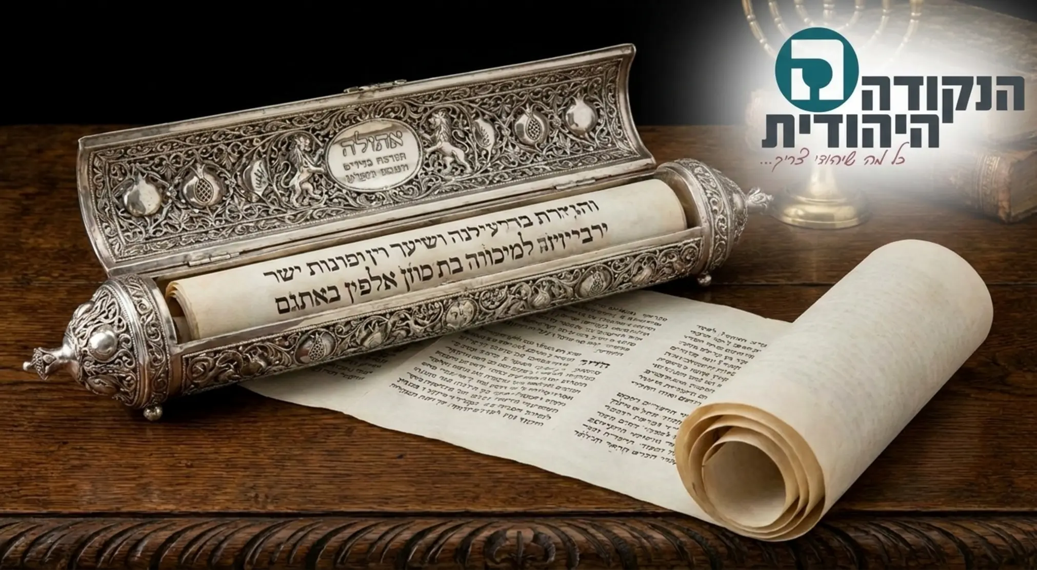 קלף מגילה מגולגל למחצה בתוך בית מגילה מהודר מכסף טהור עם עיטורים מסורתיים ועדינים המונח בעדינות על שולחן עץ כבד ומרשים